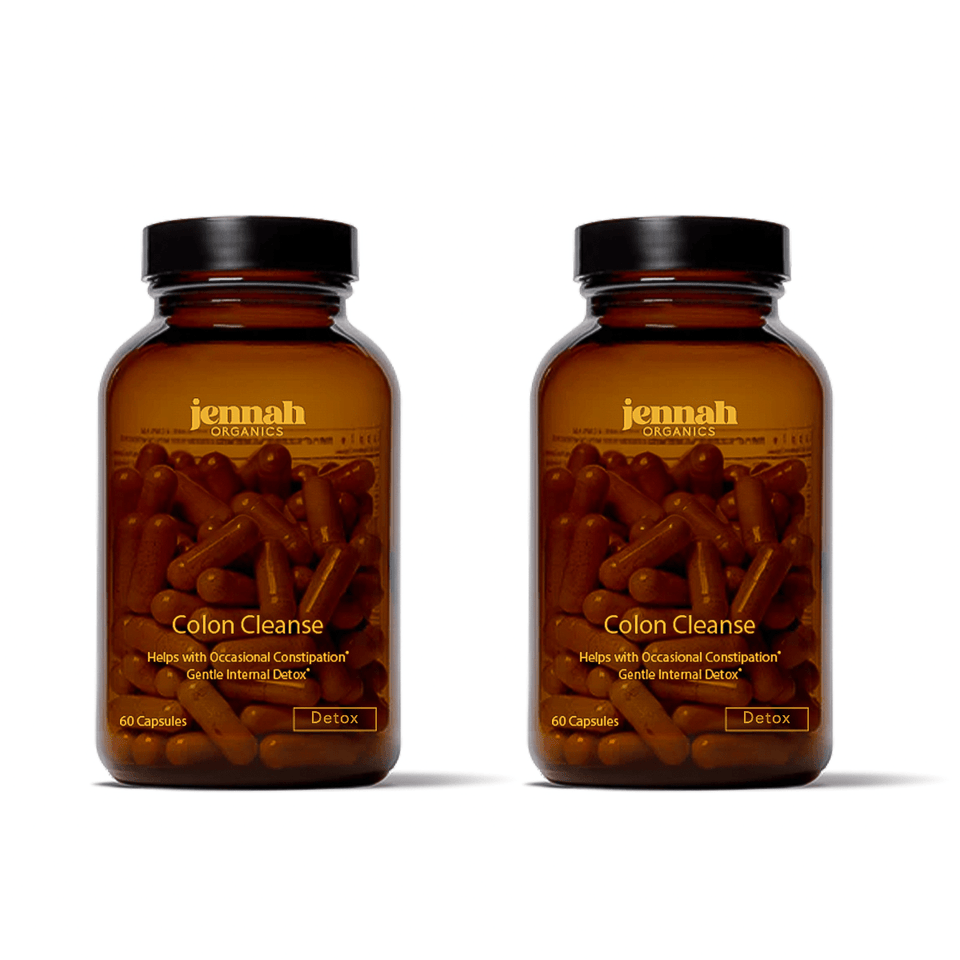 Two bottles of Jannah Organics Colon Cleanse capsules.