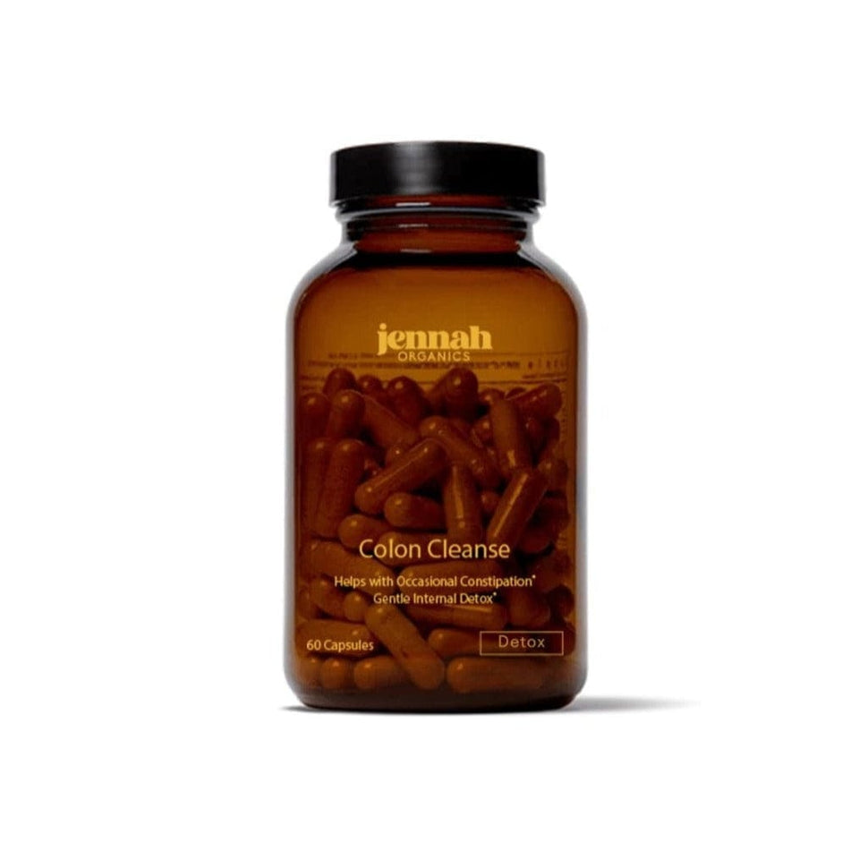 Bottle of 'Jennah Organics Colon Cleanse' dietary supplement with capsules visible inside.